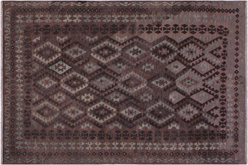 Flat Weave Kilim, Antique, Navaho, Vintage, Handmade, Geometric Kilim Brown Gray Hand-Woven Rectangle 100% Wool Area Rug 7 x 10
